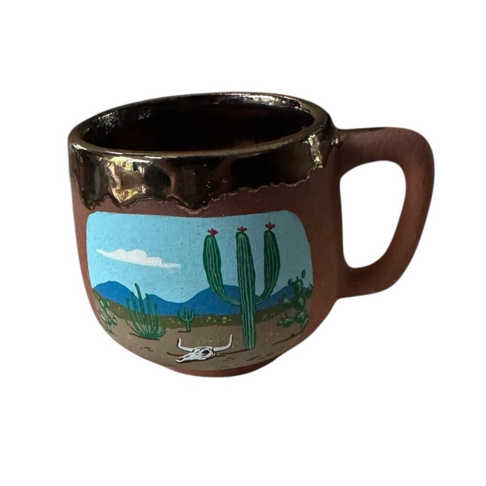 VTG Hand Painted Mexican Pottery Clay Coffee Mug Cactus Skull Southwest Design